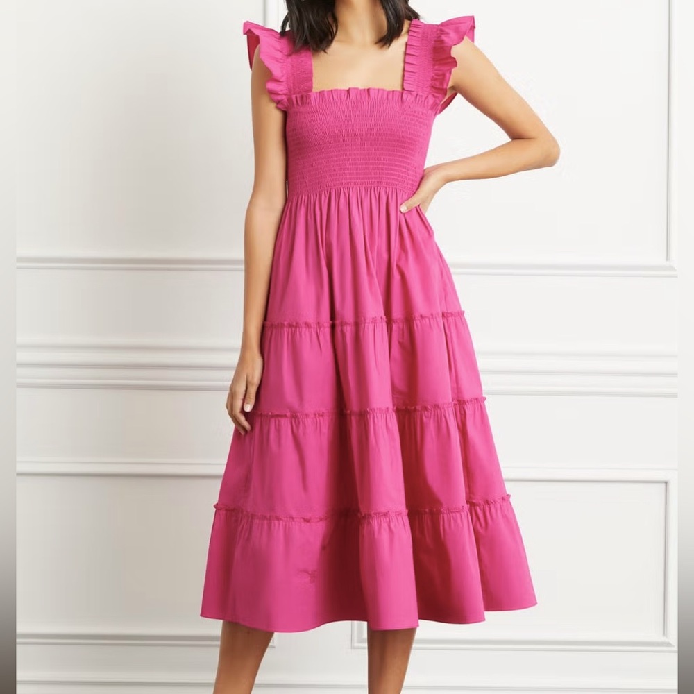 Hill House Pink Tiered Midi Dress with Ruffled Straps